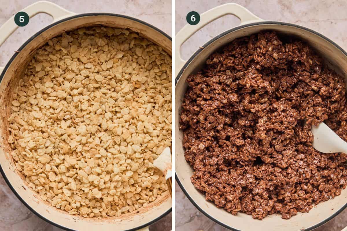 Rice krispy cereal added to a large pot to combine into chocolate rice Krispie's with the chocolate marshmallow mixture.