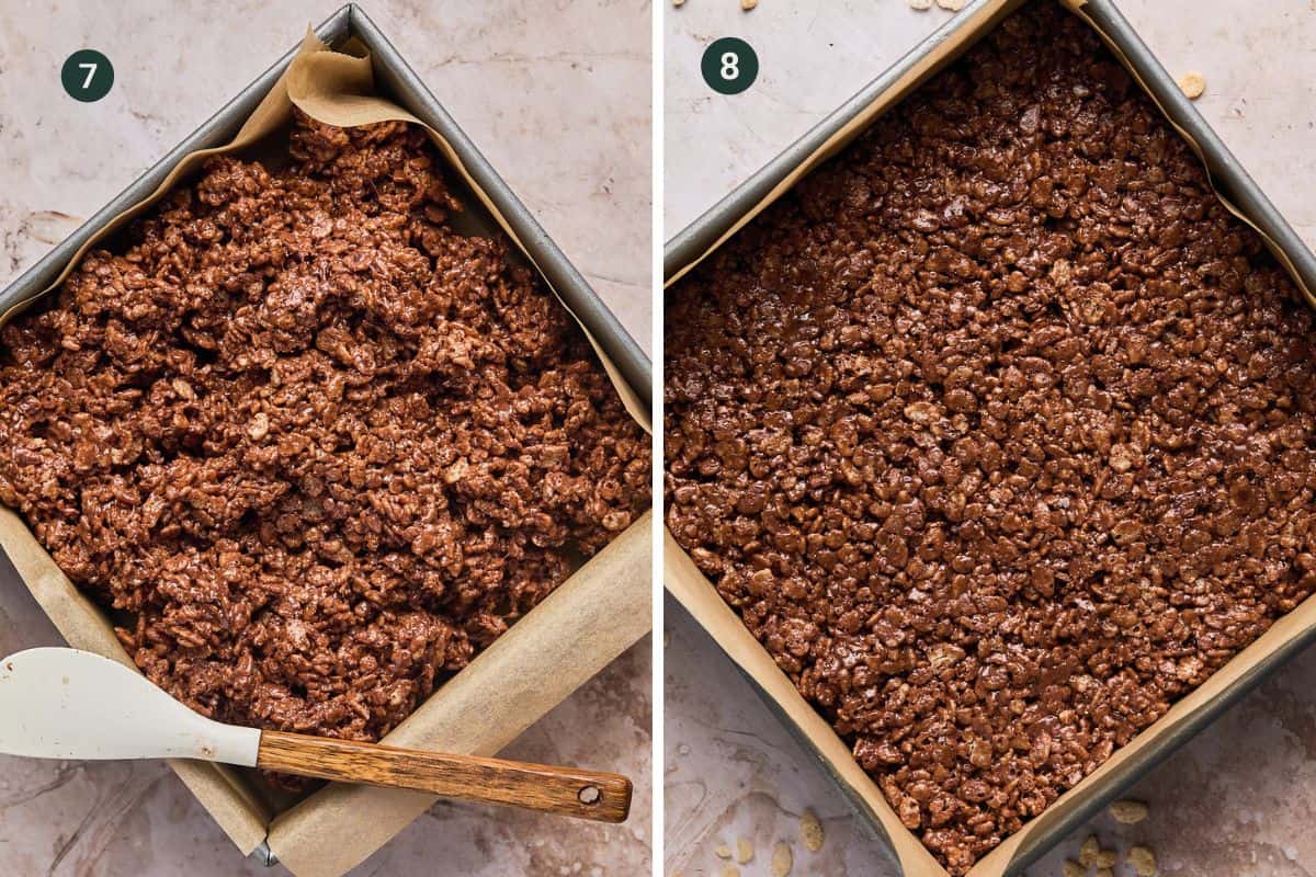 Chocolate rice Krispie treats in a square baking pan lined with parchment paper to set and harden.