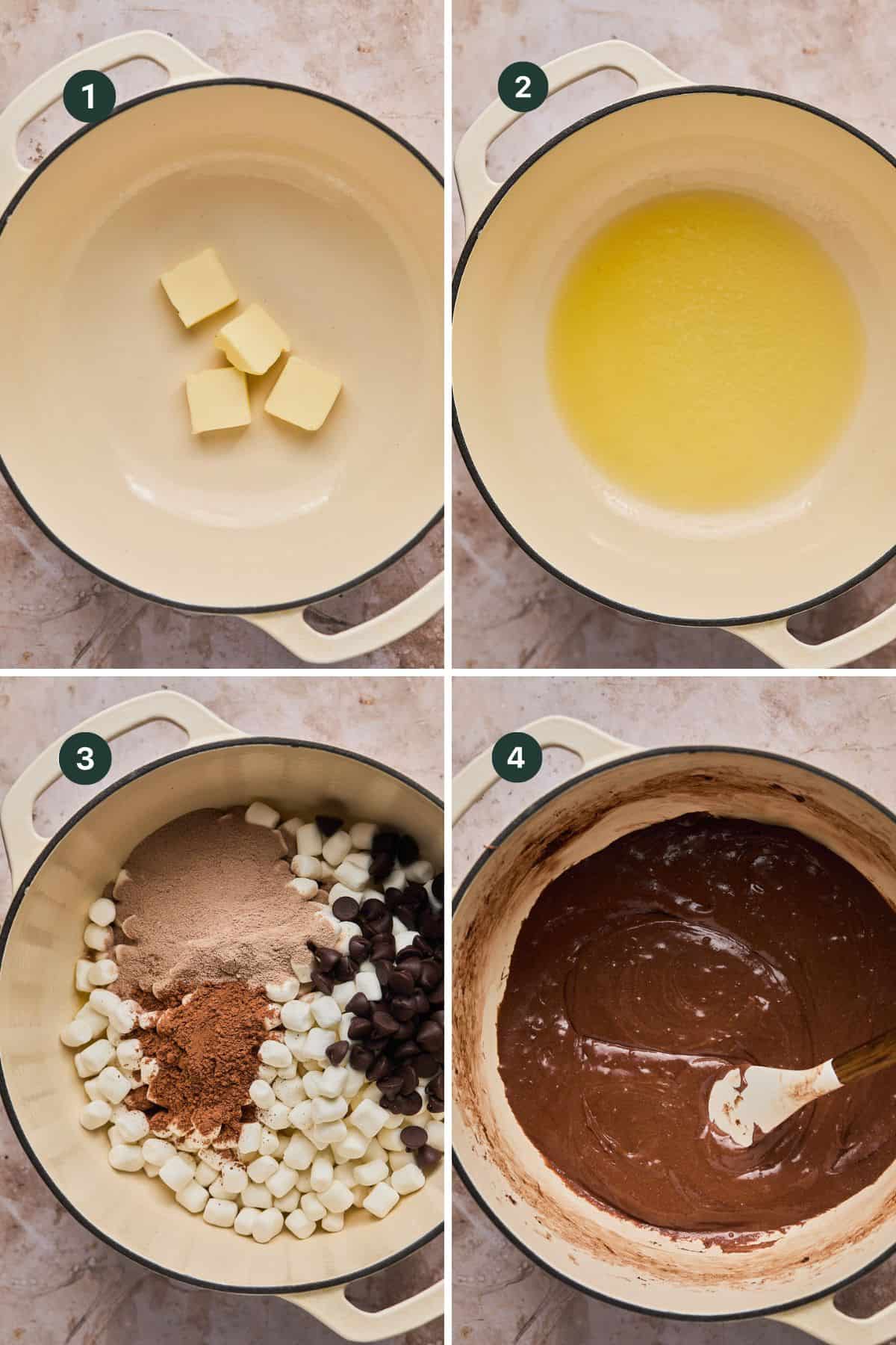 Four images showing melting butter in a large pot, adding mini marshmallows, protein powder, cocoa powder and chocolate chips and melting down into a chocolate sauce.