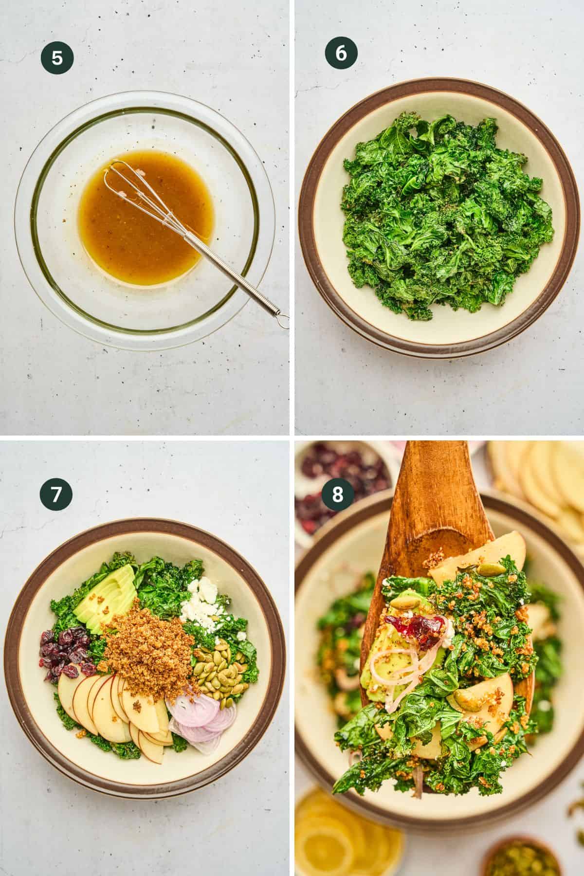 Four process images showing whisked oil based dressing, a bowl of cooked kale, then topped with apples, avocado, feta, shallot, cranberries, pepitas and crispy quinoa and then mixed with the dressing with a serving utensil holding a scoop up. 