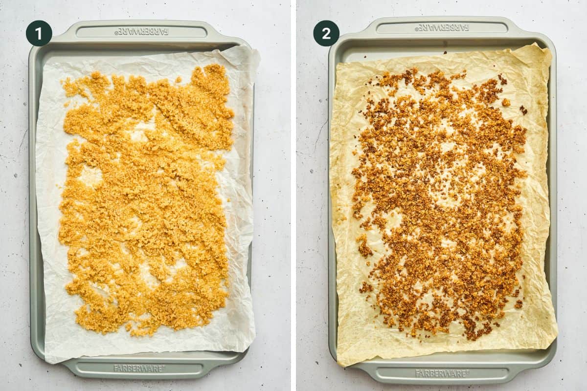 Cooked quinoa on a baking sheet lined with parchment paper and then cooked and browned. 