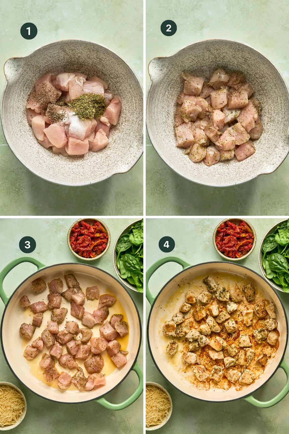 Seasoned chicken in a bowl and added to a large pan to brown.