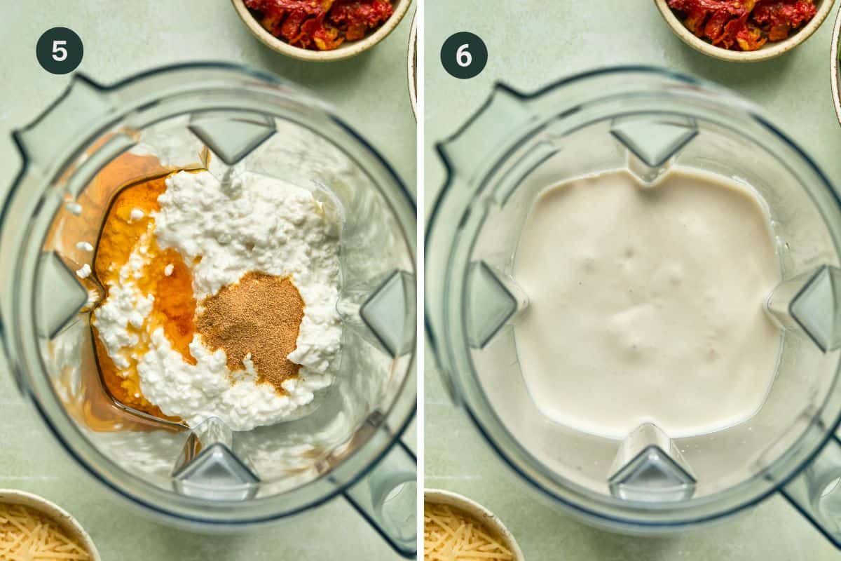 Two images showing blending the cottage cheese, garlic powder, and oil from the sundried tomatoes in a blender cup.