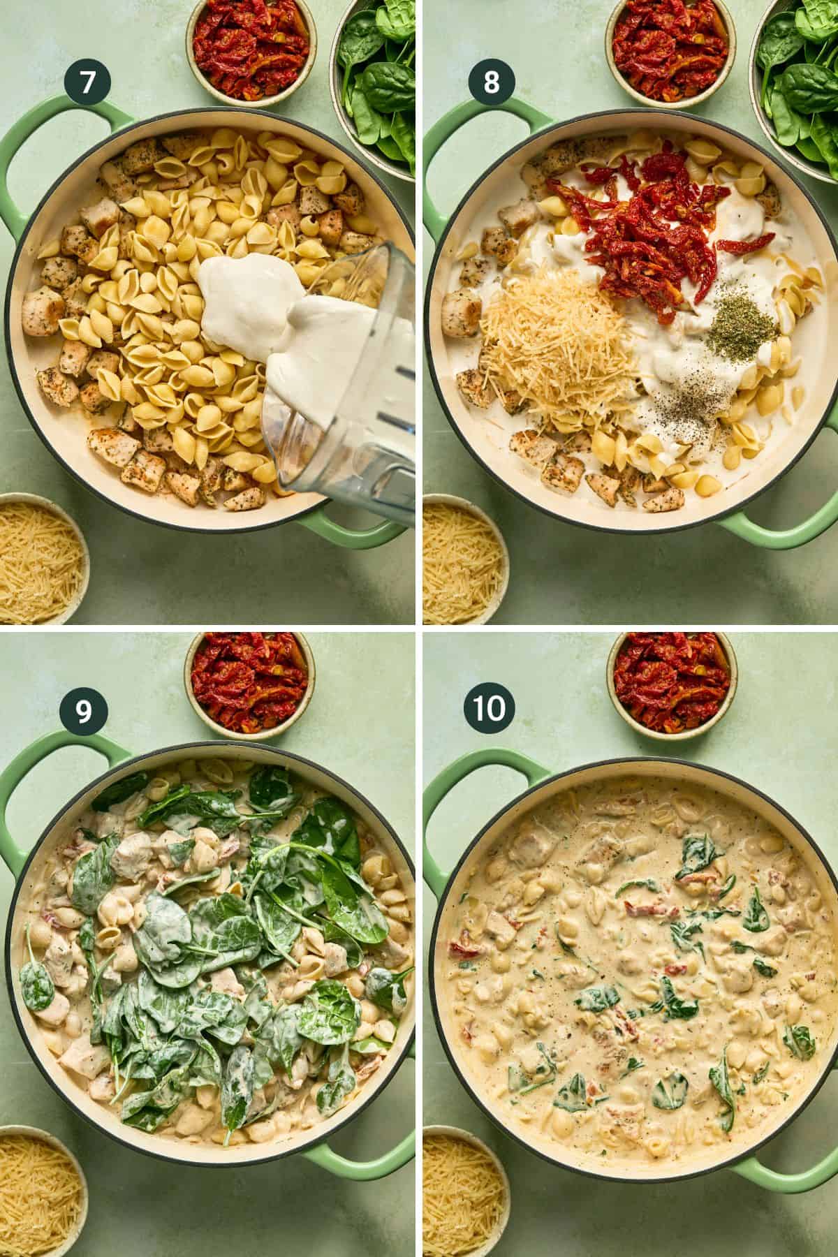 Process images showing adding the cottage cheese sauce to the chicken and noodles then the parmesan cheese, sundried tomatoes, salt, pepper and Italian seasoning, mixing to combine and then wilting in the spinach to great the creamy pasta.