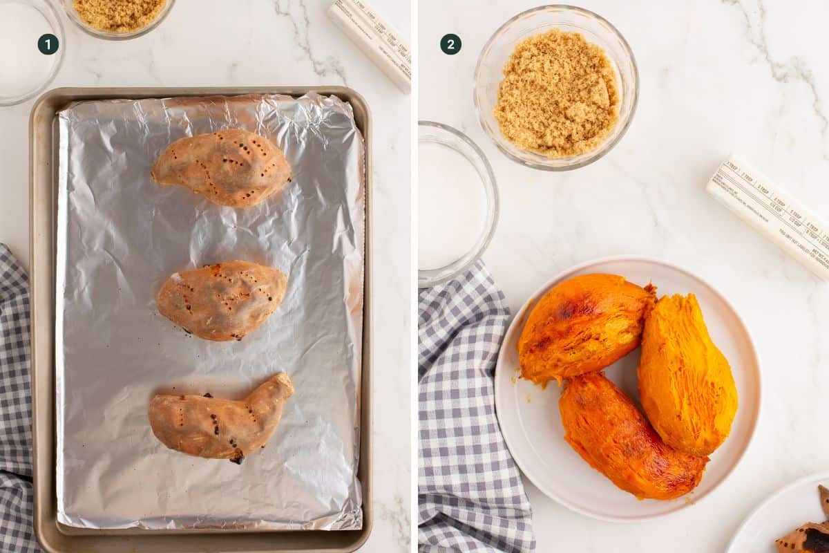 Two images showing the baked sweet potatoes on a foil lined tray and then with the skins peeled.