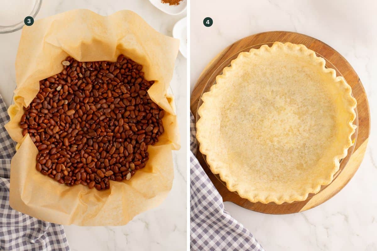 2 images showing adding the beans to the crust to weight it down to bake and another showing it par baked.