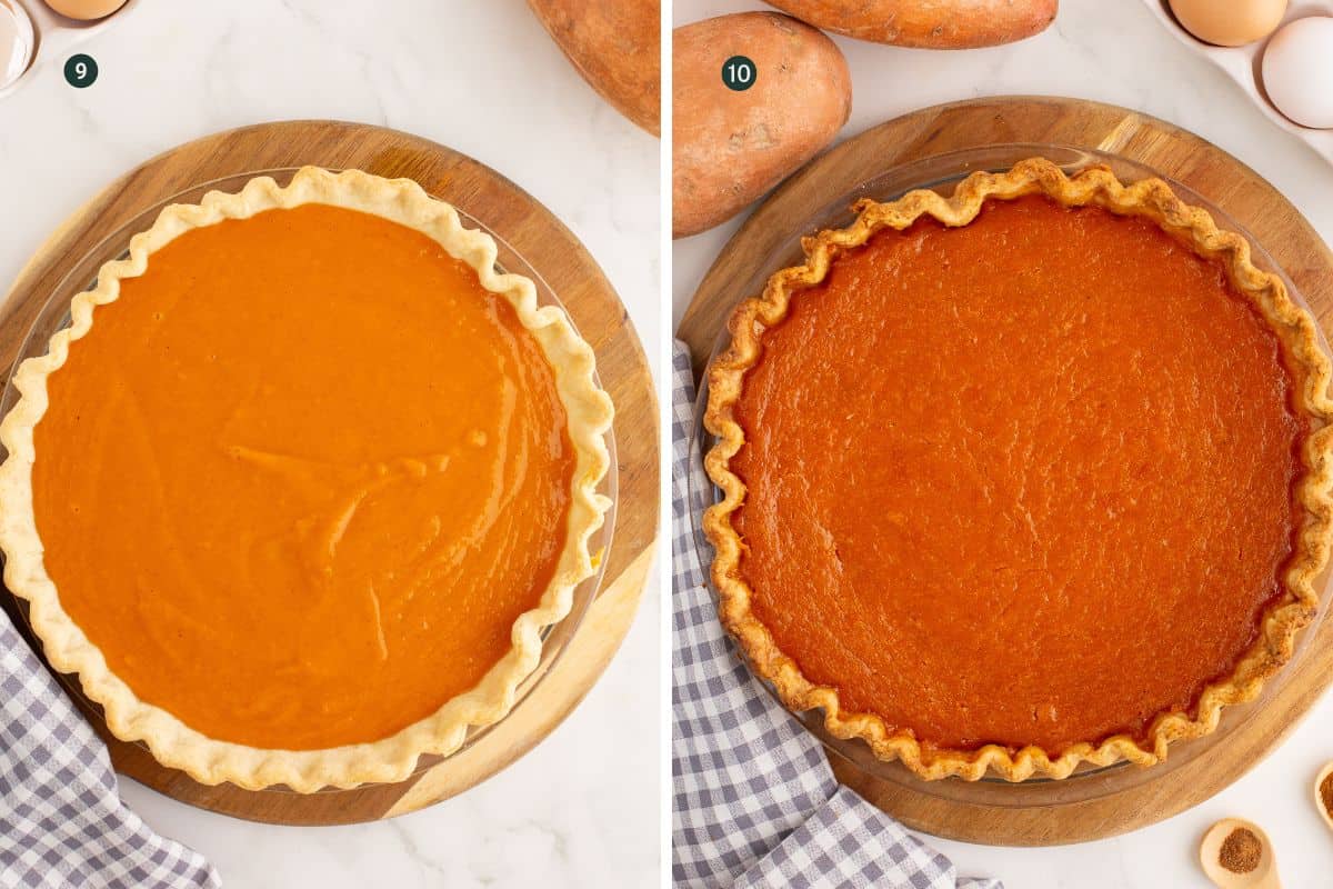 Two images showing one pie filled with the filling prepared to bake and another fully baked and browned set out to cool.