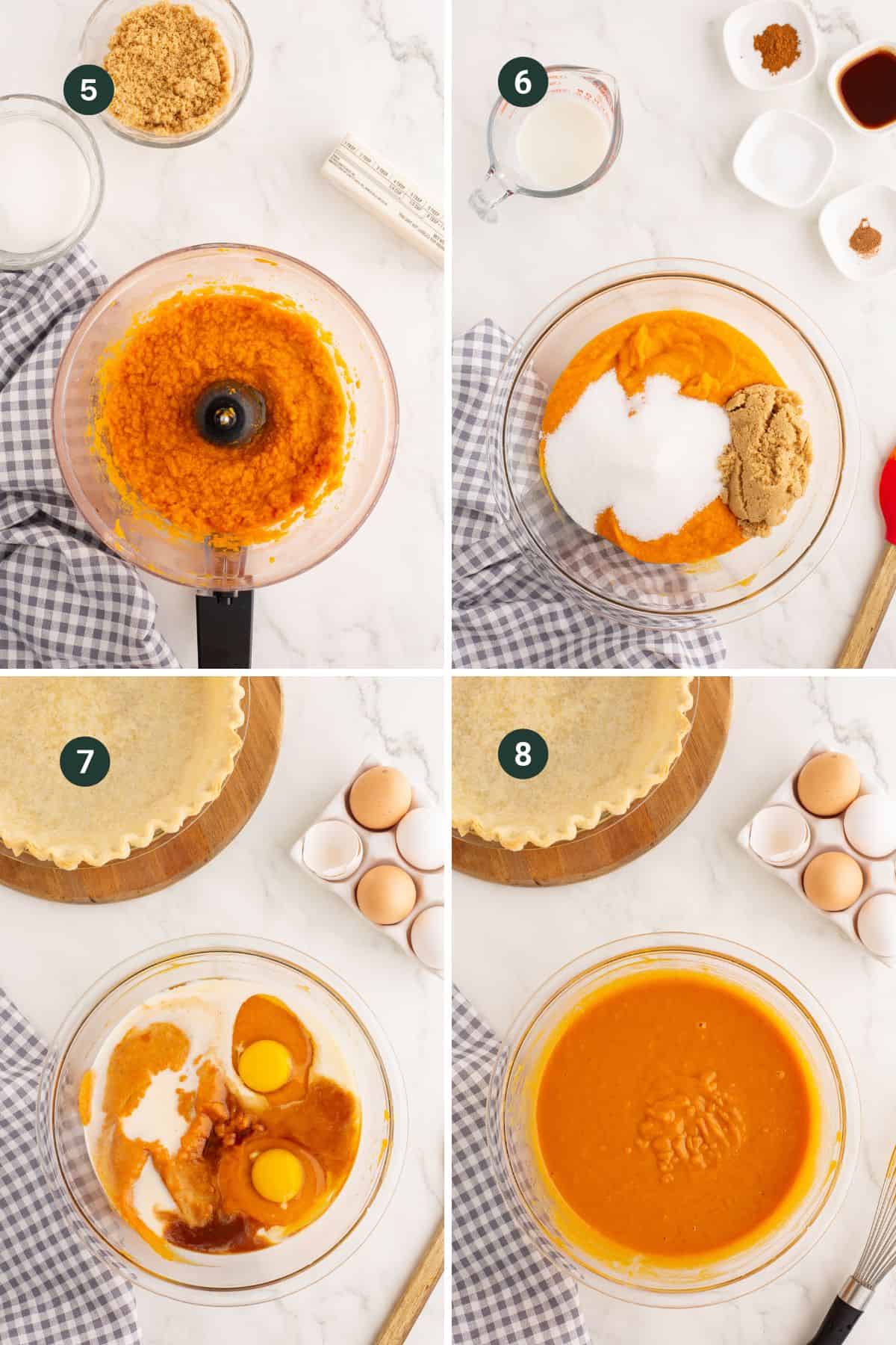 Four images showing blending the sweet potaotes into puree, then adding butter, milk, sugar and spices to make the pie filling.