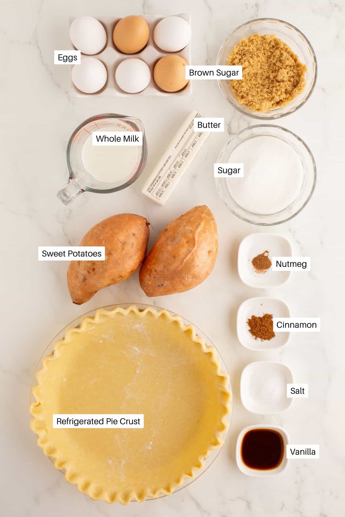 Pie crust, sweet potatoes, salt, vanilla extract. cinnamon, nutmeg, white sugar, brown sugar, butter, whole milk and eggs for making pie. 