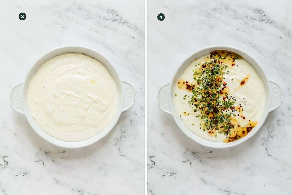 Smooth and creamy feta dip in a serving dish and then topped with hot honey, chives, sesame seeds and red pepper flakes.