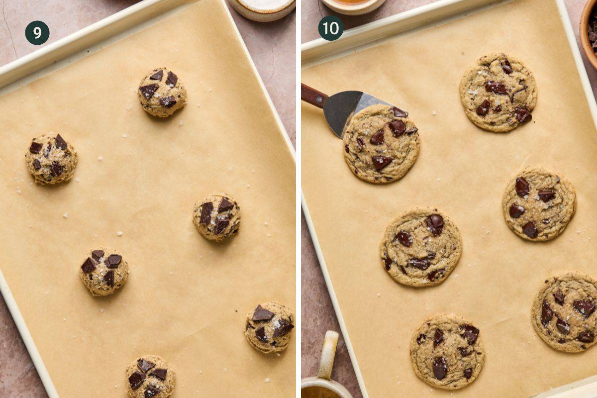 Side-by-side comparison of baking coffee chocolate chip cookies. Left: unbaked dough balls on parchment. Right: freshly baked cookies with melted chocolate chunks on the same parchment-lined tray, infused with a hint of rich coffee aroma.