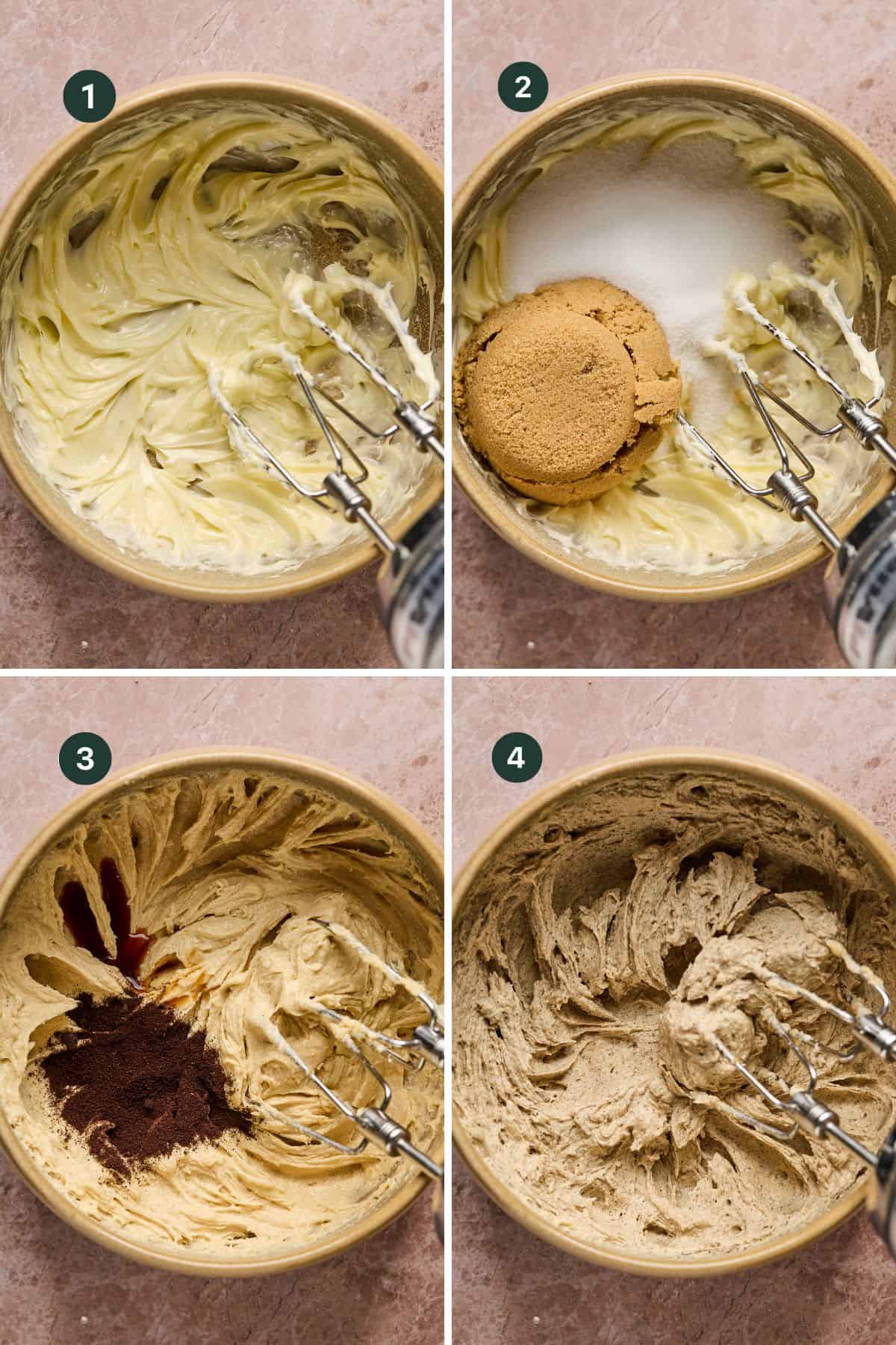 A four-step baking process for delightful coffee cookies: 1) Creamed butter in a bowl. 2) Brown and white sugar added. 3) Vanilla and coffee incorporated. 4) The mixture is fully blended, all using an electric mixer.