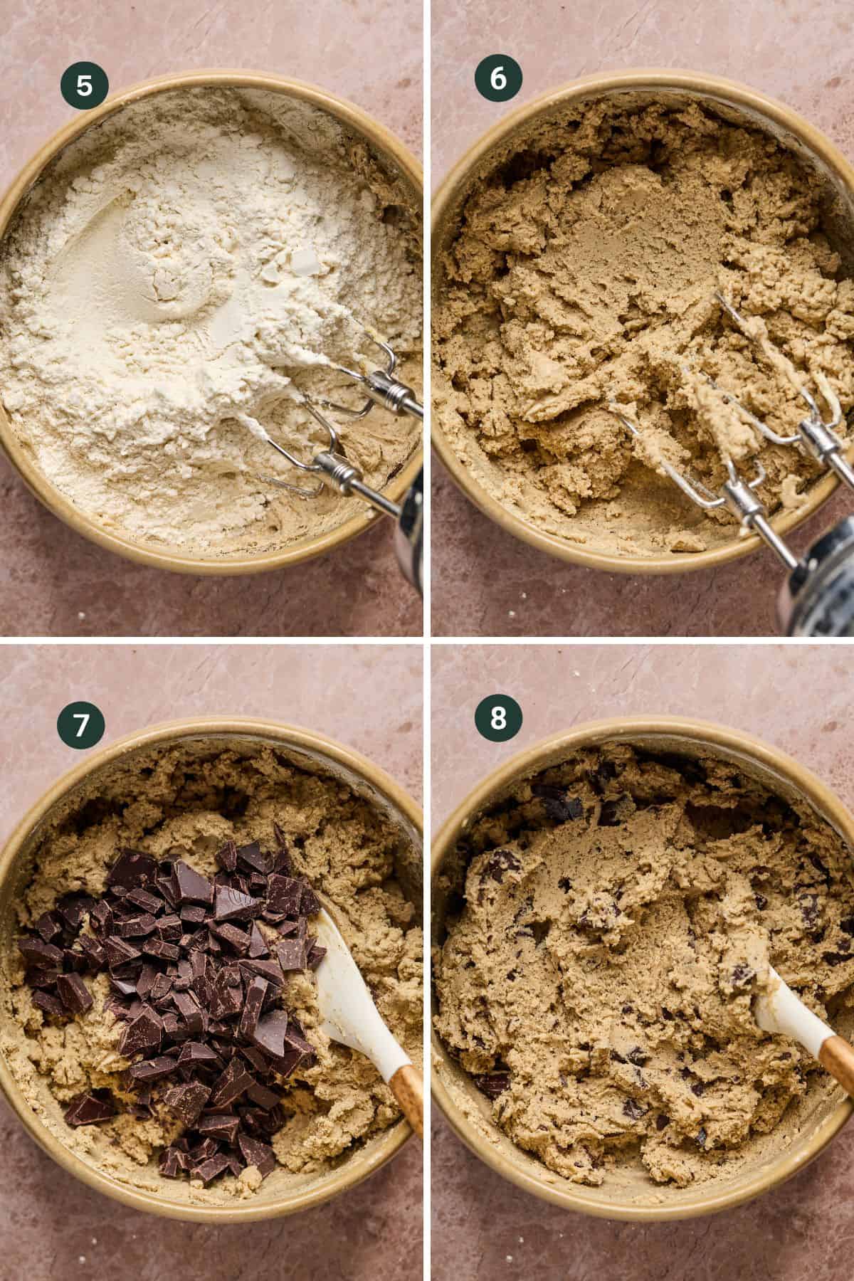 Four images showcasing a tantalizing journey to delicious coffee cookies: 5) Flour added to wet ingredients with a mixer. 6) Ingredients partially mixed. 7) Chopped chocolate and a hint of coffee added to the dough. 8) Everything blended harmoniously using a wooden spoon.