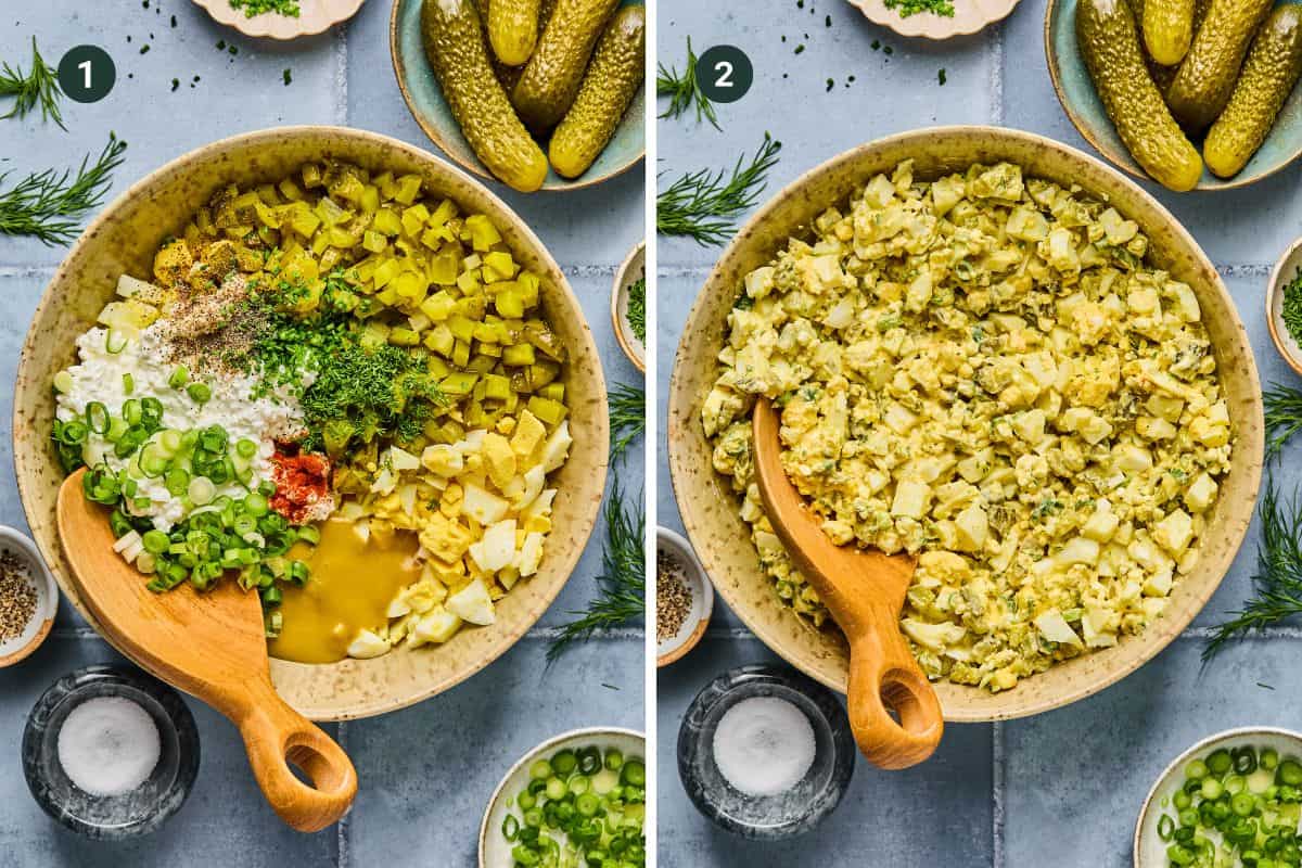 Two images of a wooden bowl on a gray table. Image 1 features ingredients for a Cottage Cheese Egg Salad: chopped pickles, celery, hard-boiled eggs, herbs, spices, and mayonnaise. Image 2 displays the mixed salad. Surrounding are pickles, herbs, and seasoning bowls.