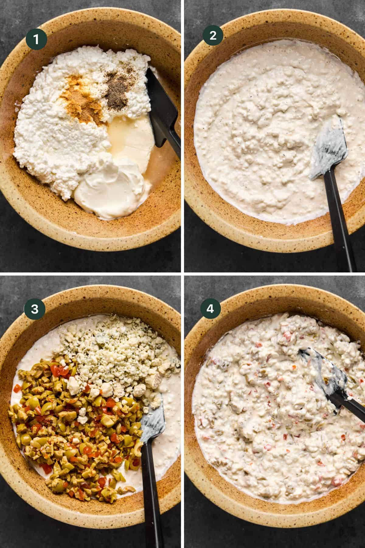 A four-step collage illustrates crafting a Dirty Martini Dip. Image 1: Mixing cottage cheese, sour cream, and spices. Image 2: Blended mixture. Image 3: Adding chopped olives and crumbled feta. Image 4: Final dip with all ingredients elegantly combined for that martini-inspired flavor.