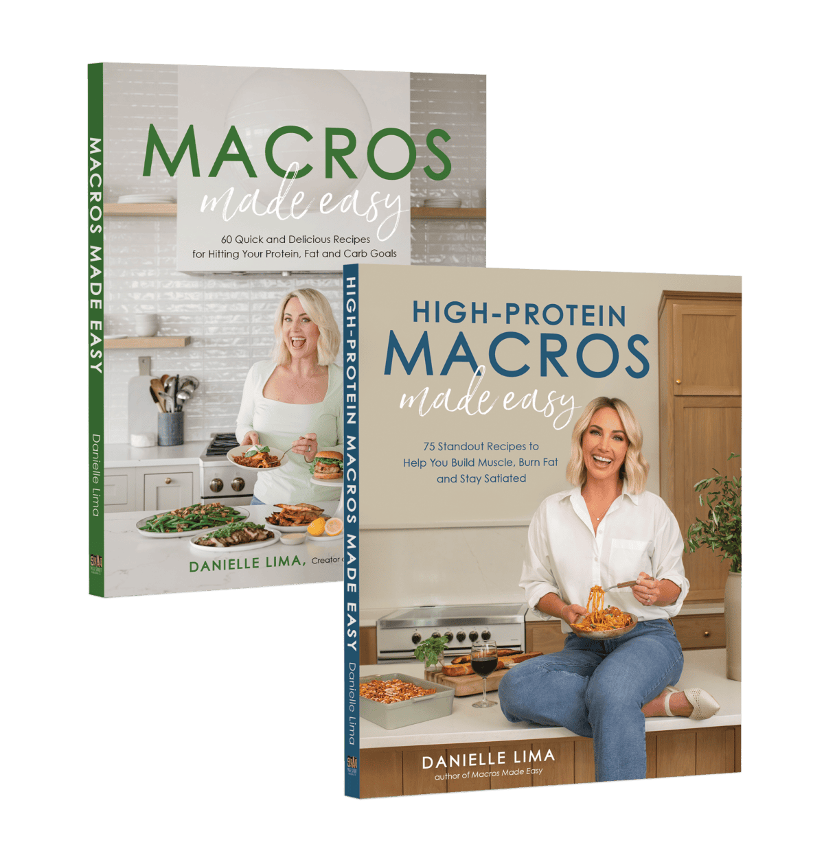 Two cookbooks titled Macros Made Easy and High-Protein Macros Made Easy are shown. The covers feature a woman preparing food in a kitchen. The books focus on recipes for achieving health goals.