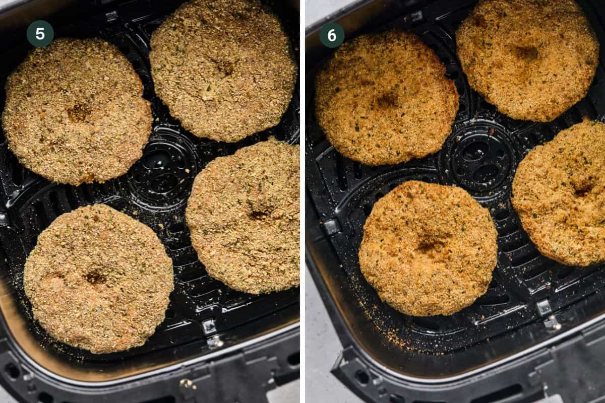 Two side-by-side photos of an air fryer basket with four breaded round patties. The left image shows the Air Fryer Chicken Patties uncooked, while the right showcases them golden and crispy after cooking.