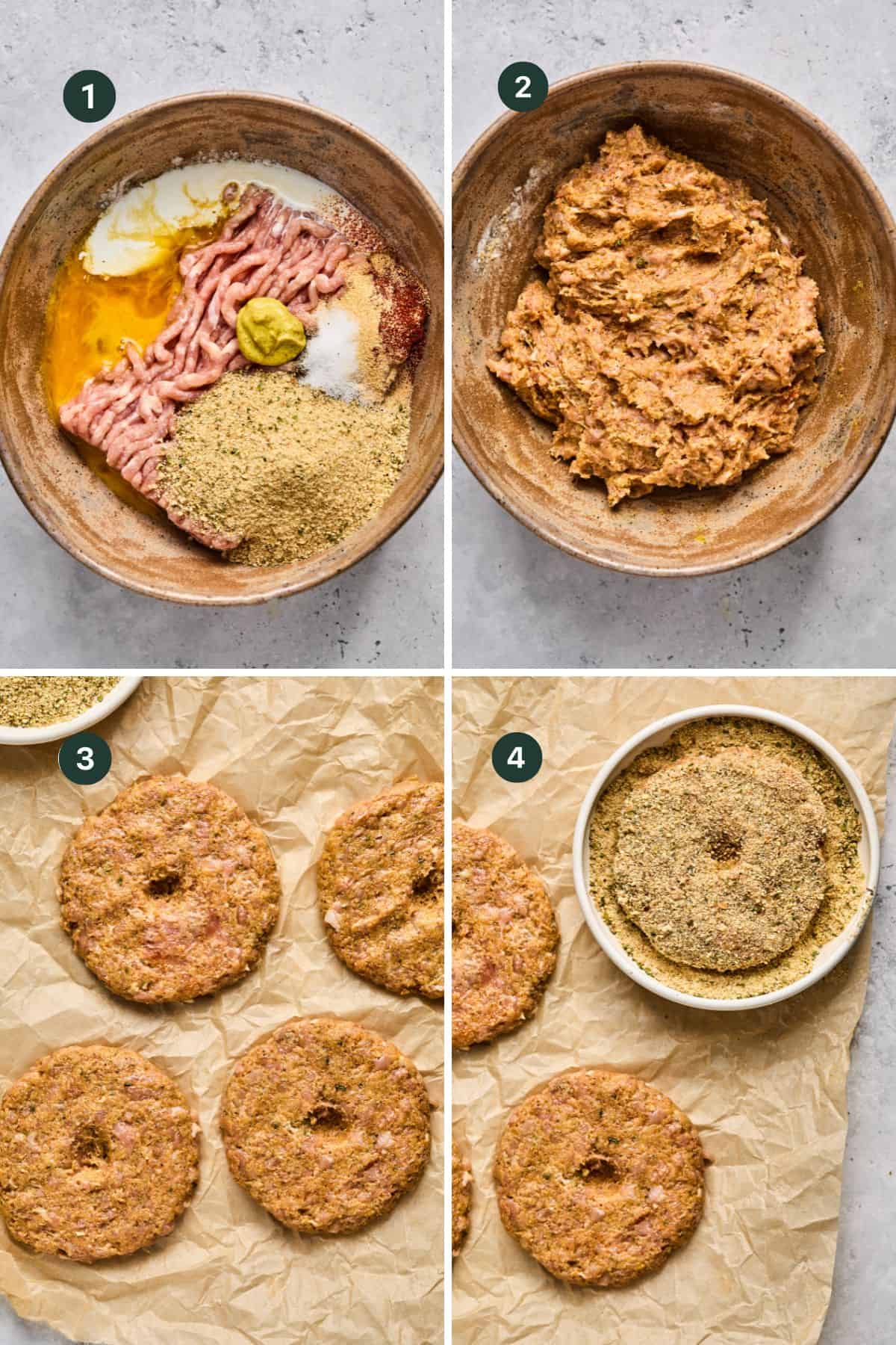 A simple four-step process for making air fryer chicken patties: 1) Bowl with ingredients like ground meat, mustard, and seasoning; 2) Mixture combined; 3) Formed patties on parchment paper; 4) A patty and breadcrumbs in a bowl. Perfectly crispy when cooked in an air fryer!.