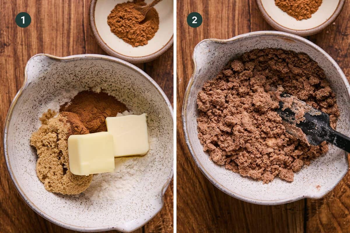 Two images show steps to make an applesauce coffee cake crumb mixture. Image 1: A bowl with butter, brown sugar, flour, and cinnamon. Image 2: The ingredients are mixed into a crumbly texture with a spatula. All items are set on a wooden surface.