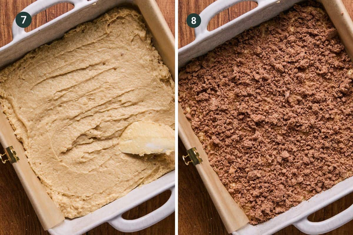 Two images show a square baking dish. Left: Smoothly spread applesauce coffee cake batter with a spatula. Right: The batter is topped with an even layer of crumbly chocolate streusel.