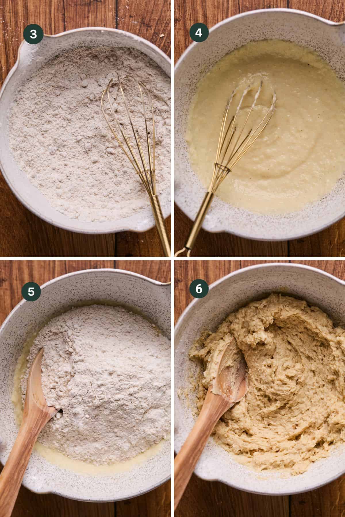 A four-panel image illustrates the creation of an applesauce coffee cake. Panels 3 and 5 feature dry ingredients being whisked, while panels 4 and 6 reveal a delightful wet batter taking shape under the mix of a wooden spoon.