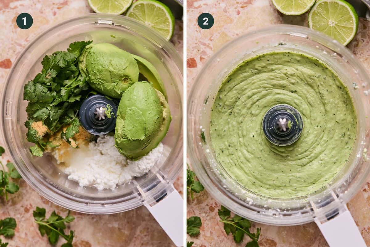 Two side-by-side images: Image 1 shows a food processor with cilantro, avocado, garlic, lime, and cream. Image 2 displays the blended ingredients as a smooth avocado crema. Lime halves are visible around the processor.