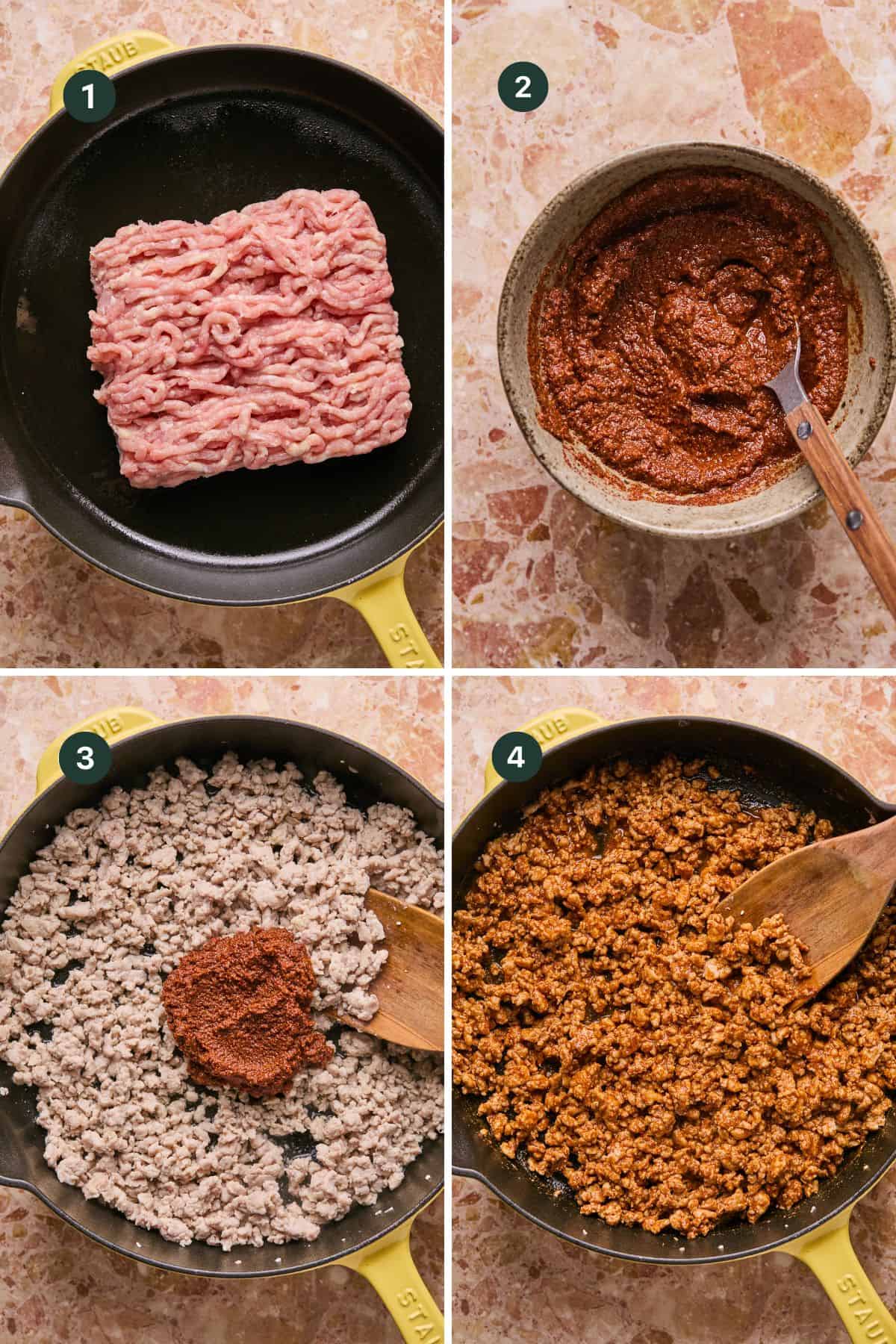 The four-step process of making taco meat for baked chicken tacos begins with raw ground meat in a skillet. Next, mix taco seasoning in a bowl. Cook the meat while adding seasoning, and finally, blend everything with a wooden spoon for perfectly seasoned taco meat.