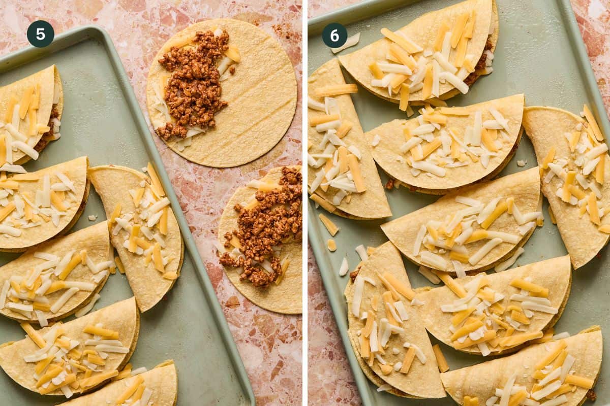 Two images show the process of making baked chicken tacos. In the first, taco shells are being filled with seasoned chicken on a baking sheet. In the second, the tacos are folded and topped with shredded cheese, ready to be baked to perfection.