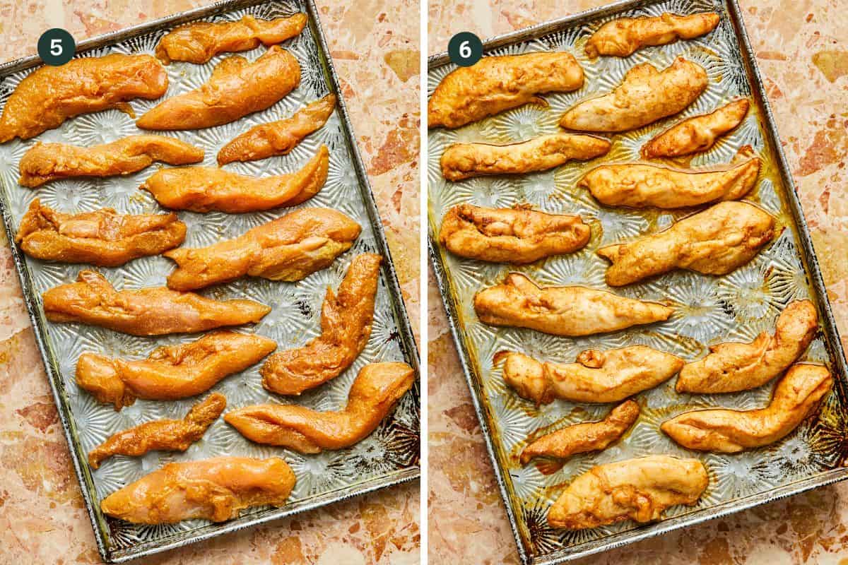 Side-by-side comparison of chicken tenders on a baking tray. Left side shows uncooked, marinated chicken; right side shows fully baked chicken tenderloins from the oven, boasting a golden-brown color. The tray rests on a patterned, tiled countertop.