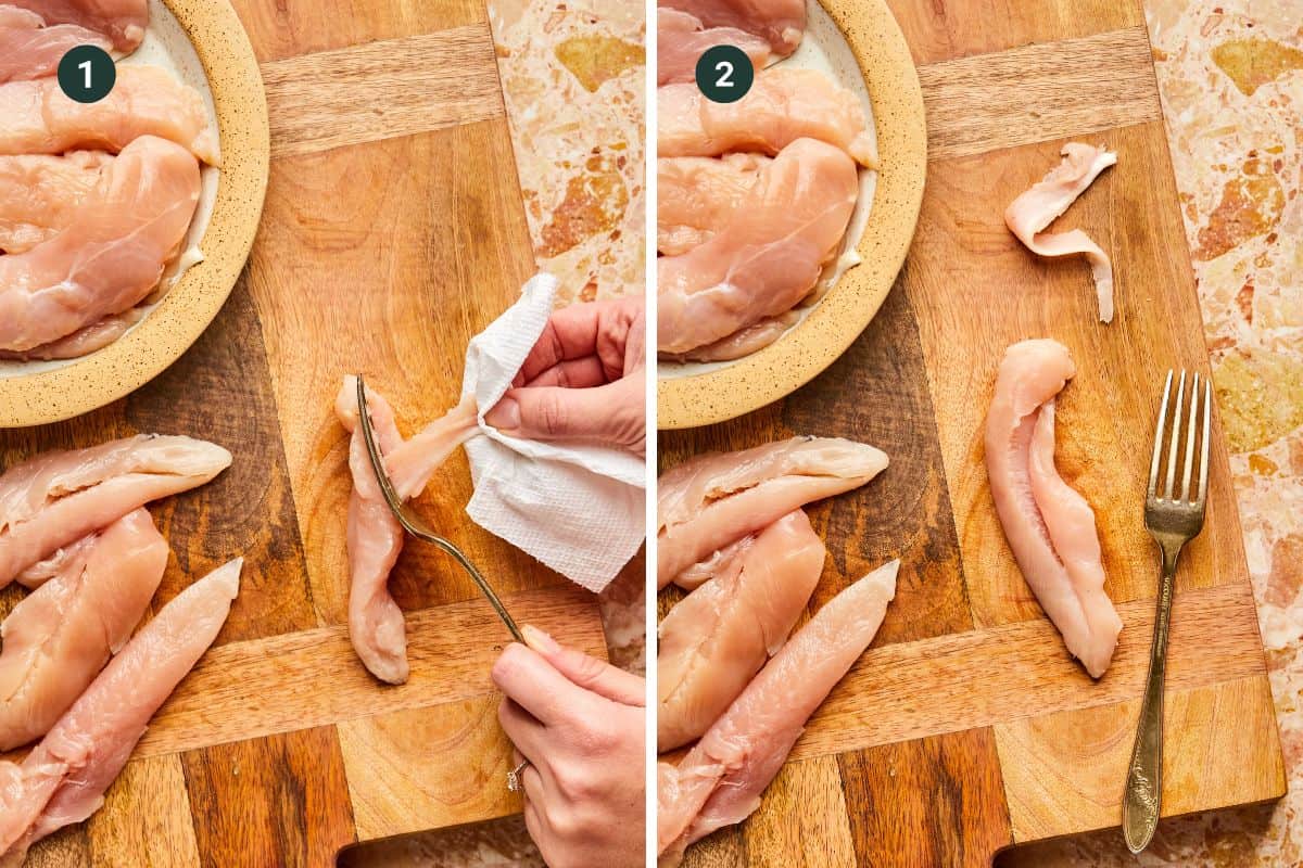 Two images depict the process of preparing chicken tenderloins for baking. In the first, a hand uses a paper towel and fork to grip and remove the tendon. In the second, the tendon is gone, with the fork beside the chicken on a wooden cutting board, ready to become delicious baked chicken tenderloins in the oven.