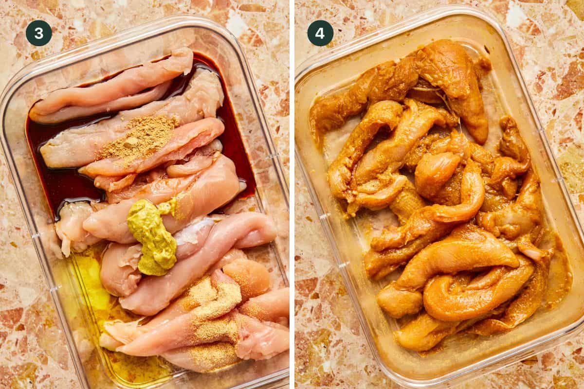 Two side-by-side images showcase the preparation of baked chicken tenderloins. On the left, raw chicken strips are topped with soy sauce, mustard, and spices in a container. On the right, they have transformed into marinated tenderloins, perfectly coated in a golden-brown mixture ready for the oven.