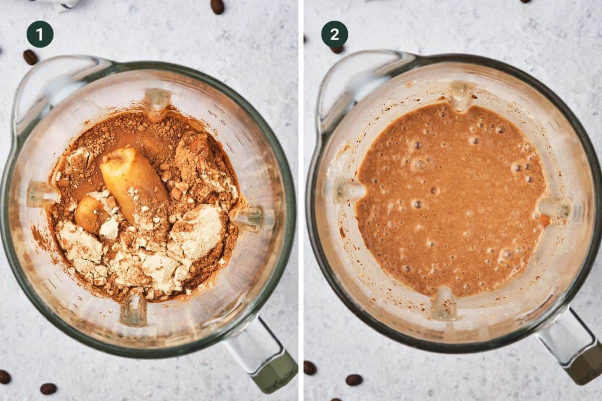 Two side-by-side images of a blender. The first image shows powder, a banana, ice, and coffee in the blender. The second image reveals a smoothly blended coffee protein shake with a rich brown liquid.