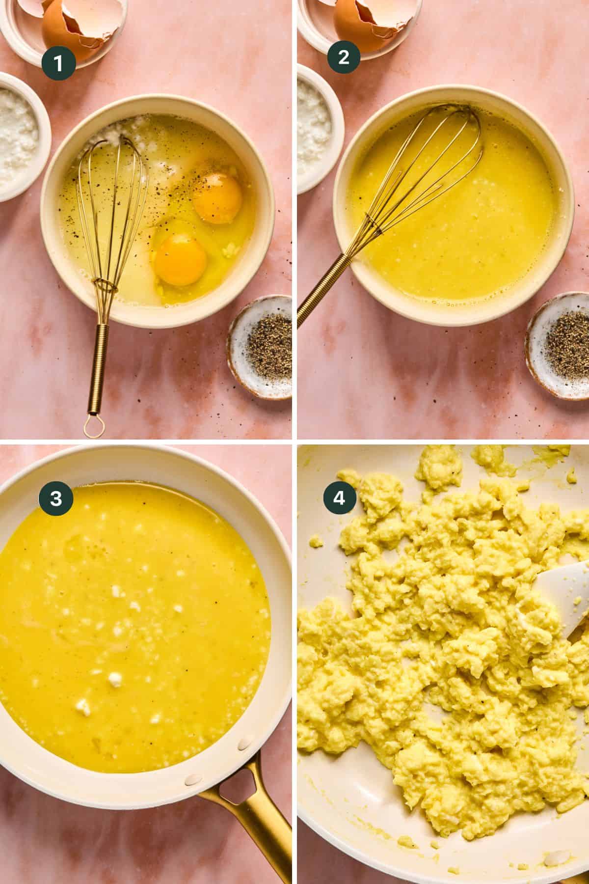 Step-by-step process of making scrambled eggs: 1) Eggs, cottage cheese, and seasoning whisked in a bowl. 2) Mixture artfully blended against a pink background. 3) Cook concoction gently in a pan. 4) Enjoy the creamy, finished scrambled eggs right from the pan.