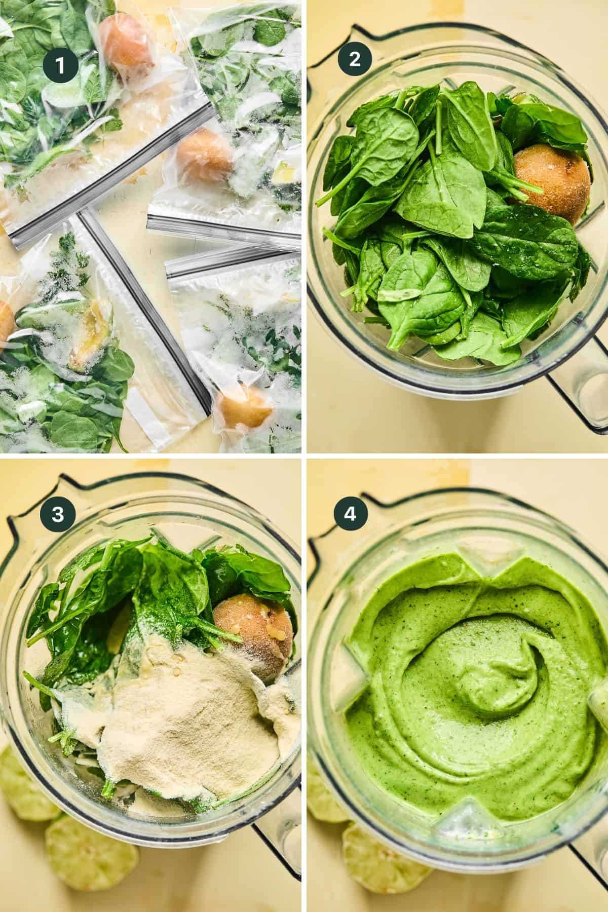 Four images in sequence showcase: 1) Ingredients in bags—spinach and bananas. 2) Spinach and bananas inside a blender. 3) Added protein powder. 4) Finished green smoothie transformed into a vibrant smoothie bowl in the blender.