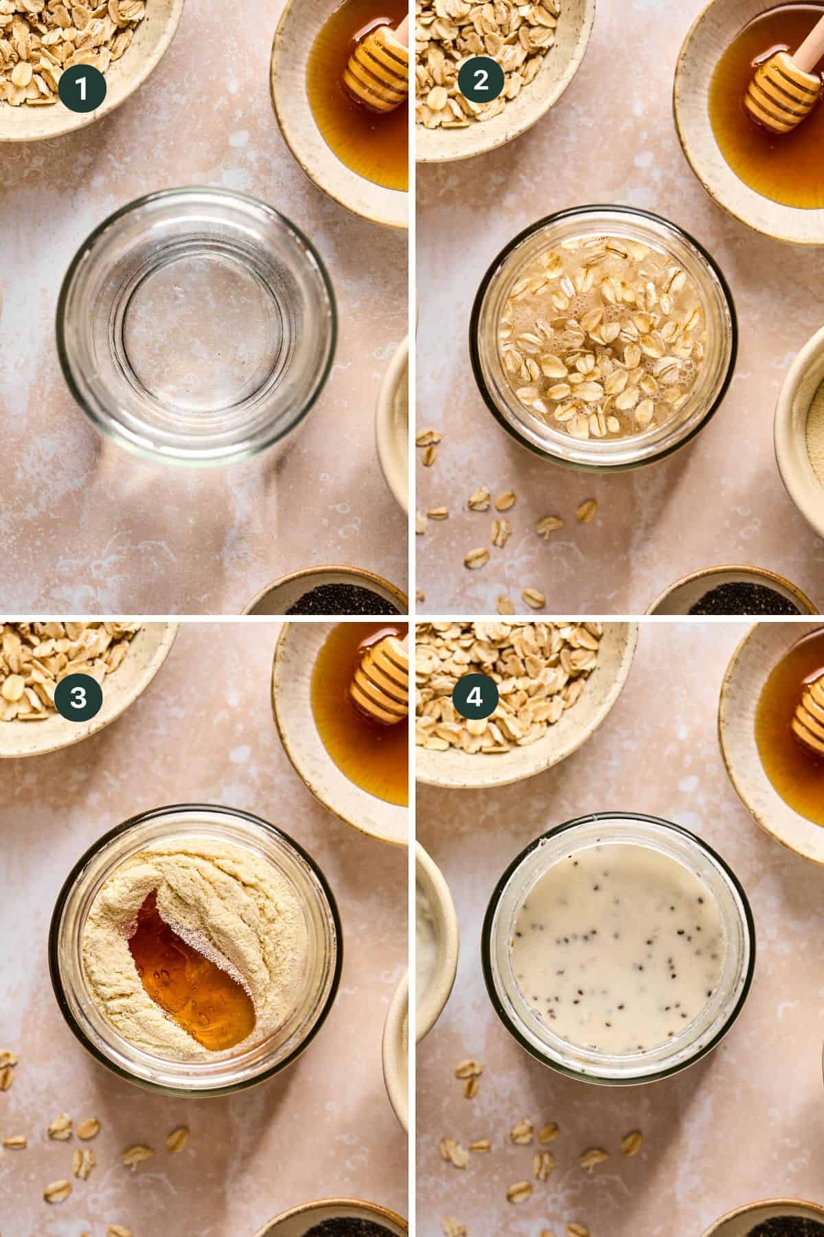 Create a delightful overnight oats dish in four easy steps: 1) Empty jar. 2) Add oats and water to the jar. 3) Mix in peanut butter and honey. 4) Finish by adding chia seeds for a nutritious blend, ready to serve. Enjoy the harmony of oats, honey, and chia seeds every morning!