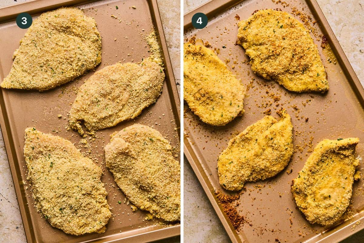 Two images of baked chicken cutlets on a baking sheet. The left image displays four raw, prepped pieces before baking, while the right shows the same cutlets golden and crispy after baking. Steps are numbered 3 and 4.