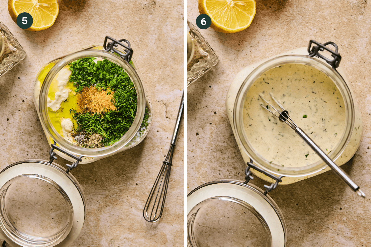 Two images of an open glass jar on a beige surface. Left: Ingredients like herbs, spices, and mayonnaise are in the jar. Right: The ingredients are mixed into a creamy, dairy-free ranch dressing with a small whisk inside. Lemon and small whisk visible nearby.