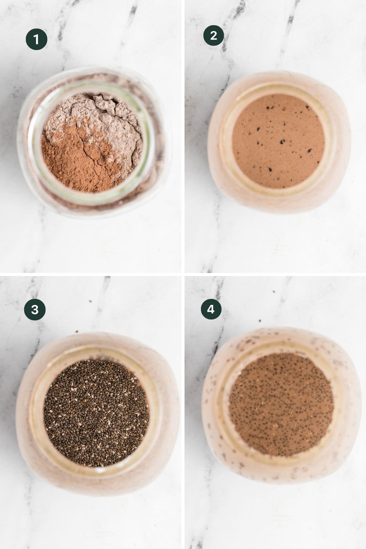 Discover the four-step process of creating a delightful protein chia seed pudding in a jar. Image 1: Cocoa powder and chia seeds; Image 2: Stirred mixture; Image 3: Added chia seeds; Image 4: Finished pudding with chia seeds visible. All stages beautifully displayed on a marble surface.