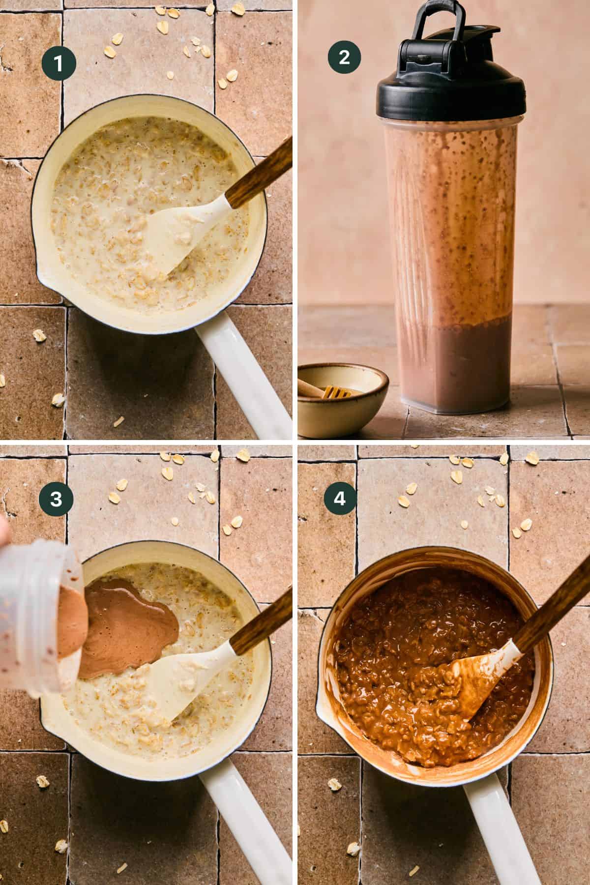 Step-by-step images show making protein oatmeal: 1) A pot of cooked oats with a spatula, 2) A blender bottle filled with chocolate mixture, 3) Pouring the chocolate blend into the oats, 4) Stirred oats boasting a rich, chocolatey texture and a boost of protein.