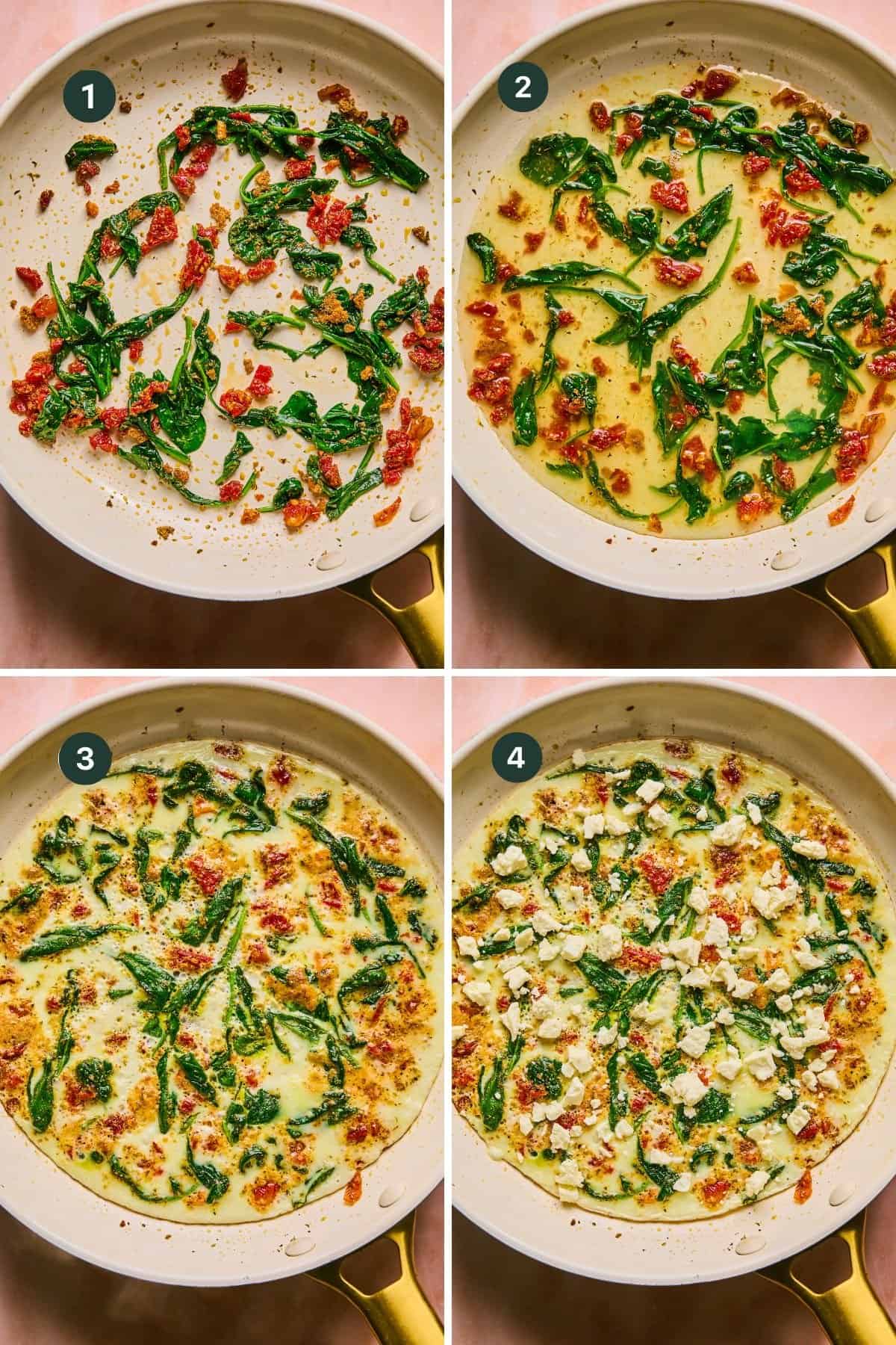 A four-step process showcases a delightful frittata. Step 1 features crispy bacon and fresh spinach. In Step 2, eggs are whisked in. Step 3 has the frittata perfectly cooked, while Step 4 completes it with crumbled feta on top—an aromatic twist reminiscent of Starbucks spinach and feta wraps.