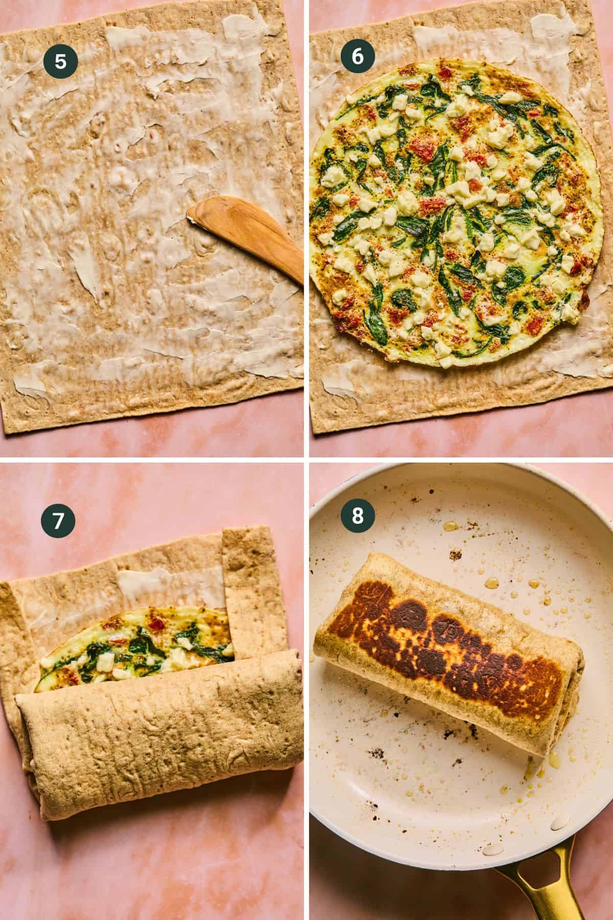 Four-step cooking guide for spinach and feta wraps: 1) A tortilla with spread filling, 2) Tortilla topped with spinach, vegetable, and cheese mixture like those at Starbucks, 3) Wrap tightly around filling, 4) Fry in a skillet until browned to perfection.