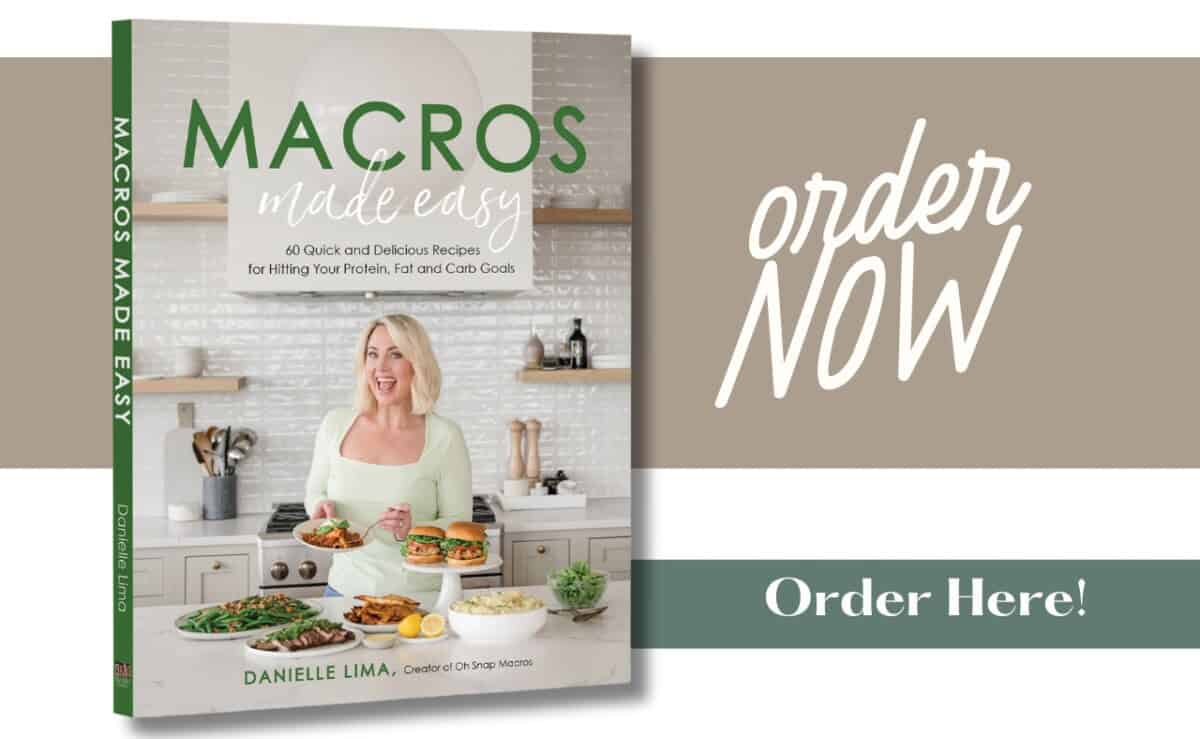 Book cover titled Macros Made Easy features a woman holding plates with food in a kitchen setting. Subtitle mentions 60 recipes for protein, fat, and carb goals. Text on the right reads order NOW and Order Here! in green and white.