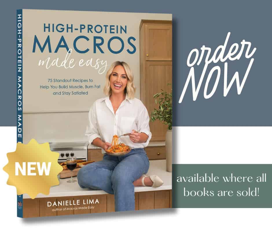 Book cover titled High-Protein Macros Made Easy featuring a smiling person holding a bowl of food in a kitchen. Text includes order NOW, 75 Standout Recipes, and available where all books are sold!.