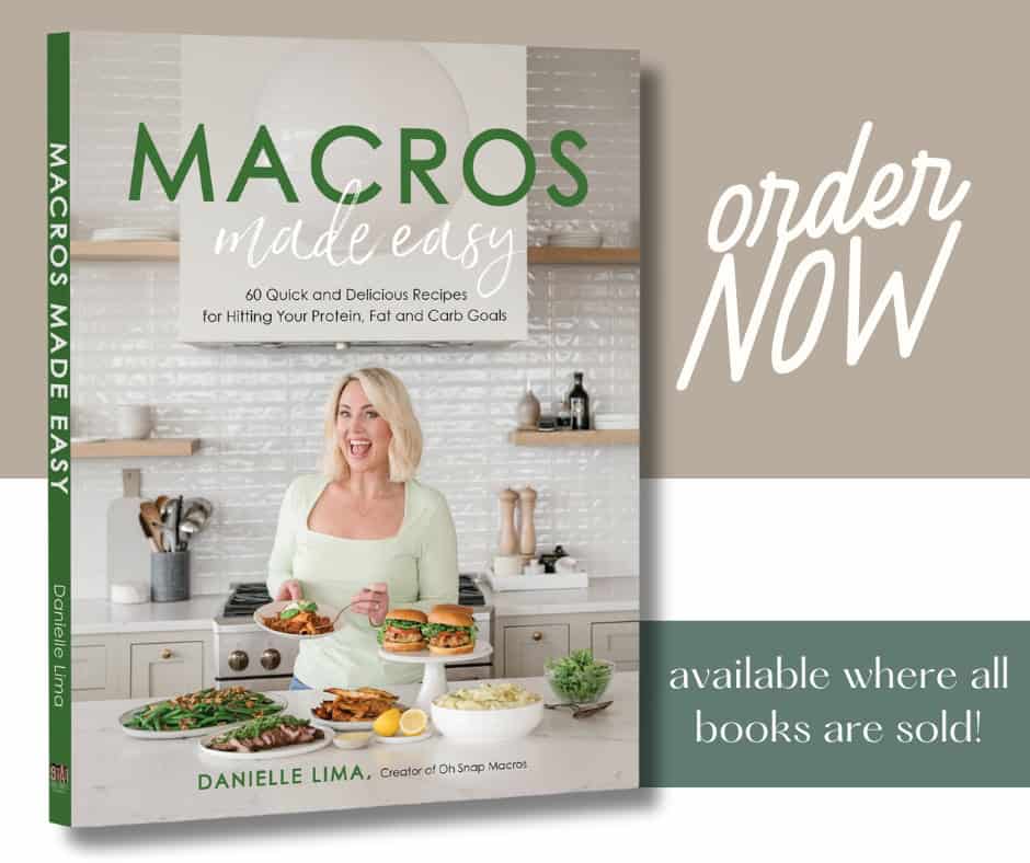 Cover of Macros Made Easy book featuring a person in a kitchen holding plates with muffins and salad. Text reads 60 Quick and Delicious Recipes for Hitting Your Protein, Fat and Carb Goals and order NOW. The authors name is displayed.