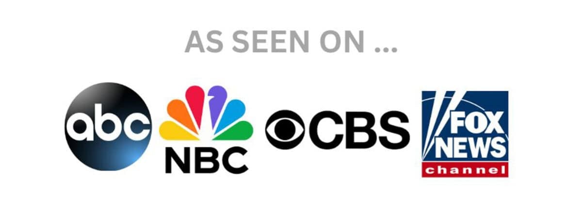 Text reading AS SEEN ON ... above logos of major TV networks: ABC, NBC, CBS, and Fox News Channel.