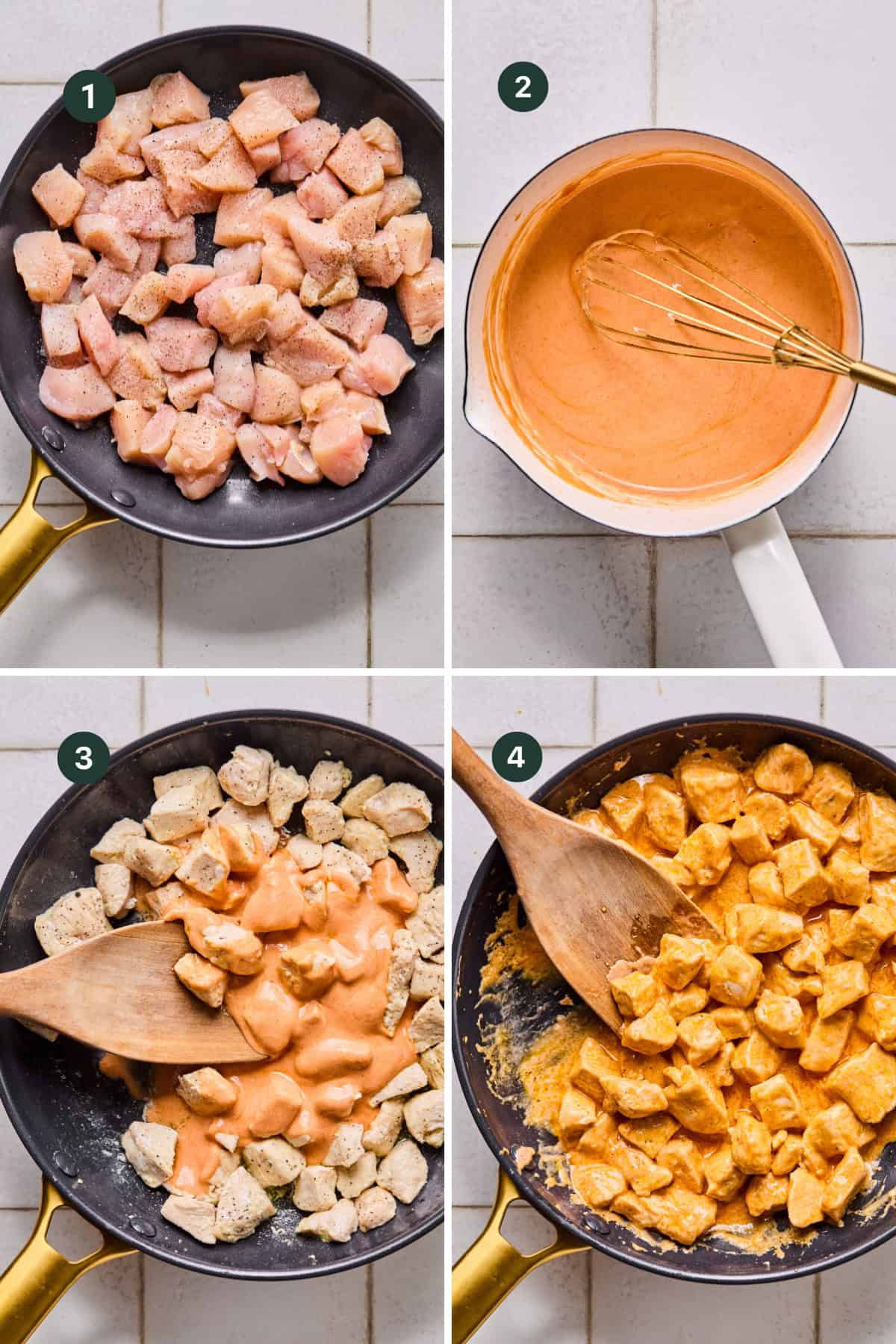 Four-step cooking process: 1) Seasoned raw chicken in a skillet. 2) Orange sauce being whisked in a saucepan. 3) Sauce added to cooked chicken for a Buffalo Chicken Rice Bowl. 4) Chicken coated in orange sauce, stirred with a wooden spoon.