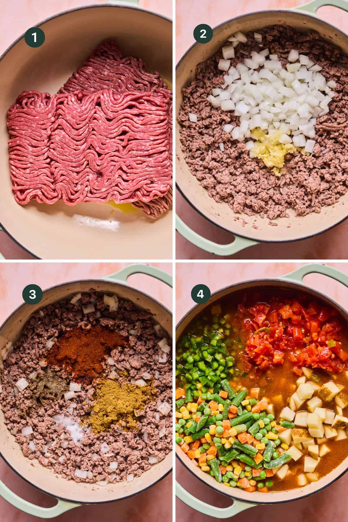 Four images show steps of making cowboy soup: 1) Raw ground beef in a pot. 2) Chopped onions and garlic added to browned beef. 3) Various spices sprinkled on top. 4) Diced tomatoes, potatoes, and vegetables stirred in.