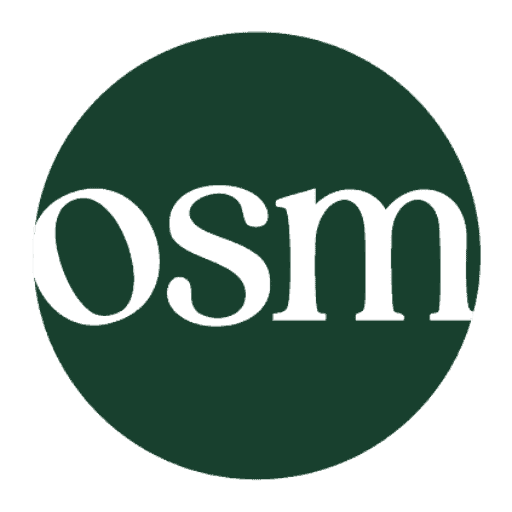 A dark green circle with the white lowercase letters osm in the center, featuring a serif font.