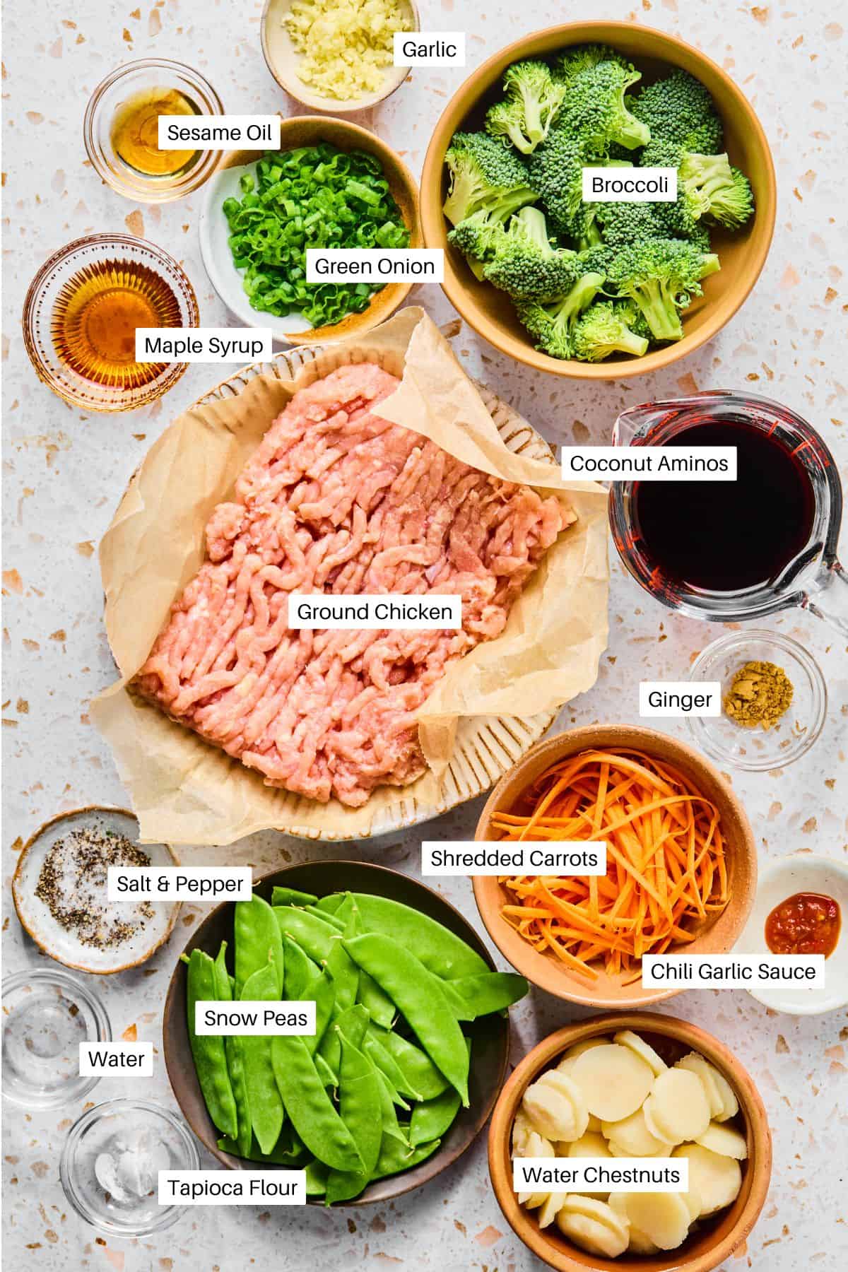 A top-down view of labeled ingredients for a Ground Chicken Stir Fry recipe, including broccoli, snow peas, shredded carrots, water chestnuts, green onion, garlic, ginger, sesame oil, coconut aminos, maple syrup, chili garlic sauce, and tapioca flour.