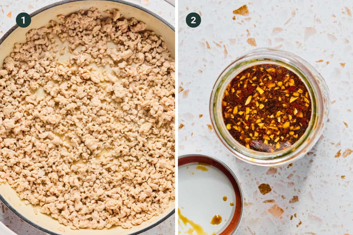 Split image: Left side shows cooked ground chicken in a large skillet, perfect for a Ground Chicken Stir Fry; right side features a glass jar filled with dark, chunky sauce of garlic and chili on a light countertop.